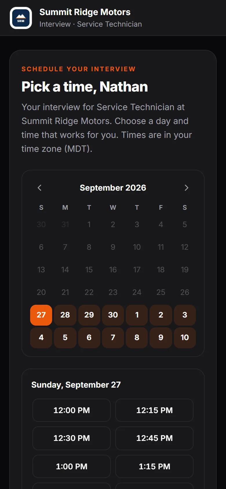 The web interview on a phone: the candidate picks a day and time