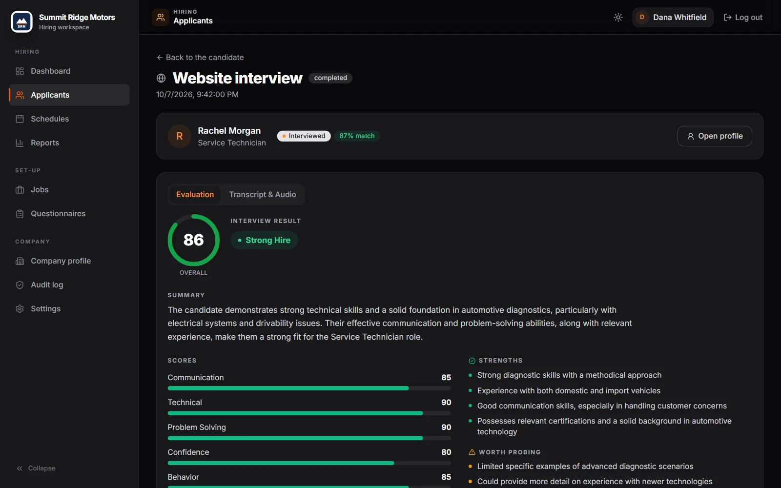 An interview scorecard with scores, recommendation and transcript